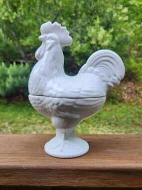 White Ceramic Rooster Two Piece Pedestal Candy Dish